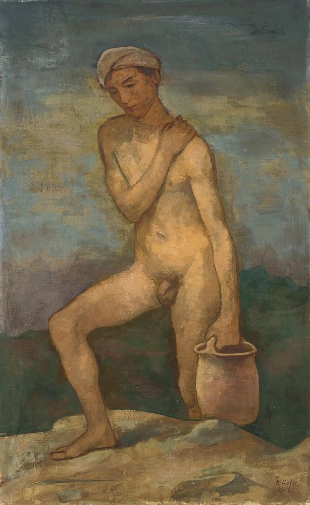 A painting of a young nude male holding a jug with one hand while stepping up onto a rock. His other hand is resting on a shoulder. Her has cloth wrapped around his head.
