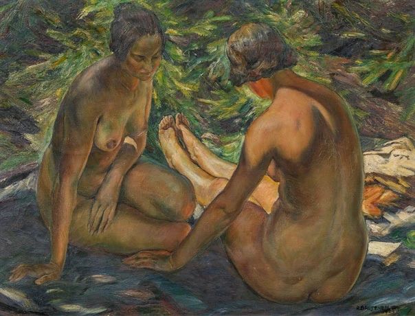 A painting of two nude female figures sitting in a landscape. They are facing each other and viewed from slightly above. The background is just their immediate surroundings: rocks upon which they sit and foliage behind. Some articles of clothing a book can be seen at the right edge of the painting. The figure on the right, who has her back to us, has some sun on her legs and shoulder. The other figures is sitting in shade.