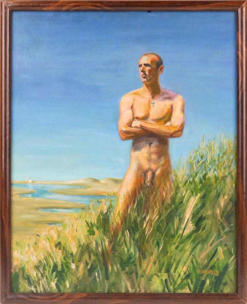 A painting of a nude male figure with short receding hair standing in beach grass on a sloping dune with his arms folded across his chest.