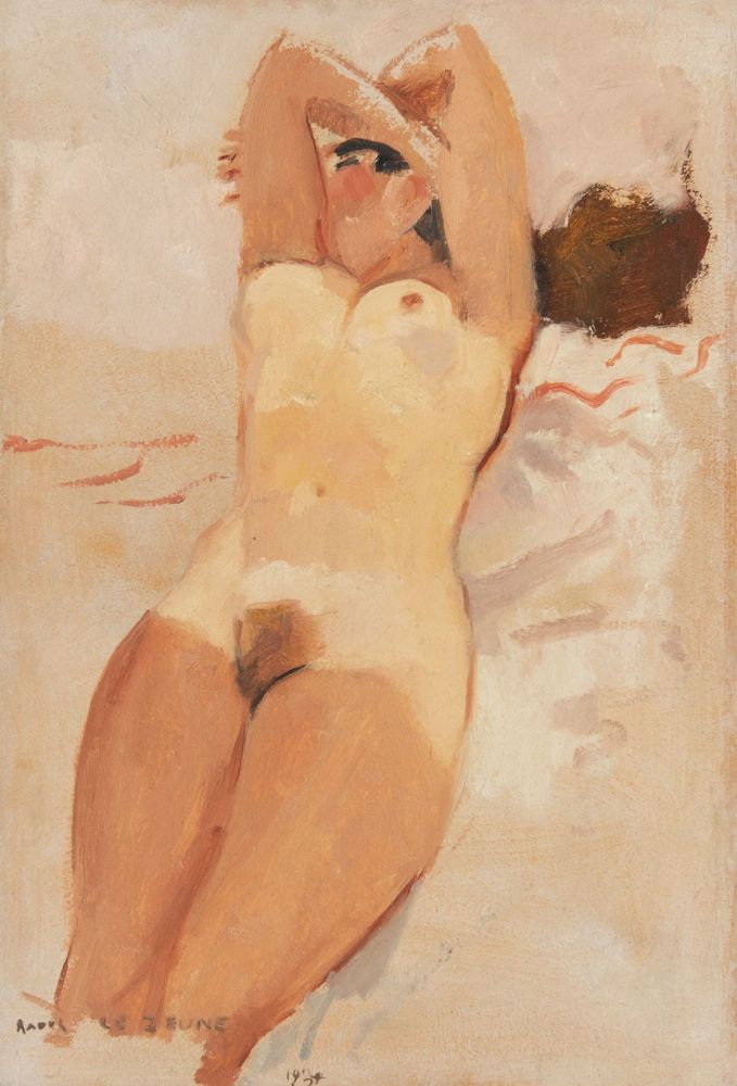 A painting of a nude female figure lying on her back on a beach. She has her face turned to one side and her arms up to partially shield her face from the sun. She has a bushy auburn ponytail. She has an extreme contrast between her pale torso and her tanned legs, shoulders, arms and face which indicates she has been wearing a one piece swimsuit when she has been to the beach previously.
