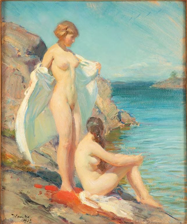 A painting of two nude young women on a rocky shore. One is standing with a white towel held behind her. The other is sitting on a towel on the rock.