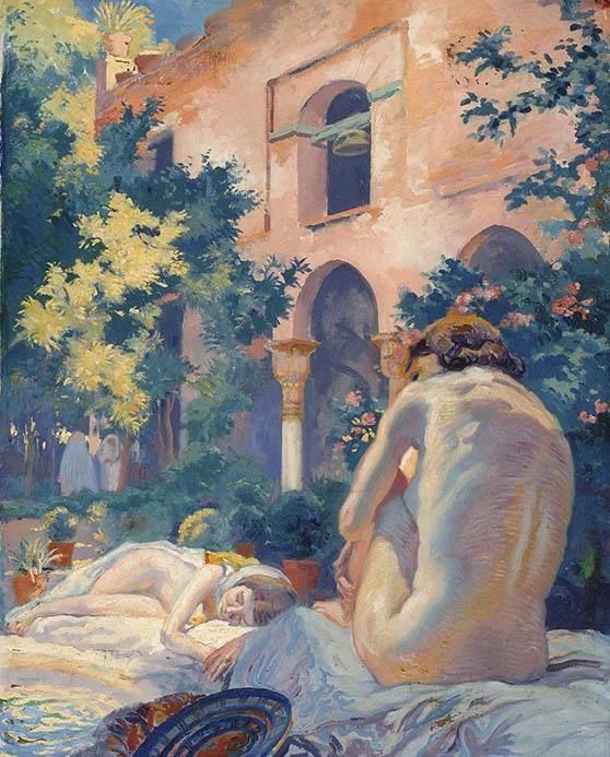 A painting of two nude female figures in a sunny garden setting lounging on soft fabric. A building with a colonnade is in the background.