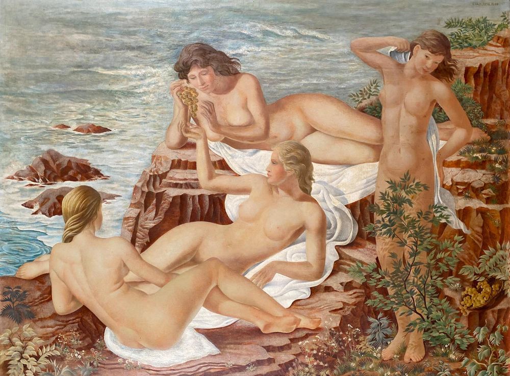 A painting of four nude female figures on a rocky shore. Three of the women are lying down on white towels and one is standing along the right side drying off with her white towel against her back. There is a bush in the lower right corner which conveniently provides some cover for the sake of the modesty of the standing figure. The topmost woman who is lying down is holding a bunch of grapes. The figure below her is gesturing that she would like some grapes too. The rocky landscape is painted in a classical style similar to early Renaissance art. 