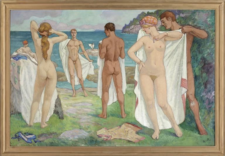 A painting with a group of male and female nude figures toweling off at a seaside. 