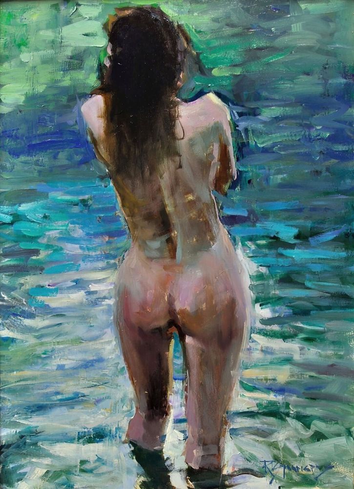 A painting of a nude female figure viewed from behind standing in knee-deep water. She has long brunette hair. The painting is done with loose sketchy brushstrokes.