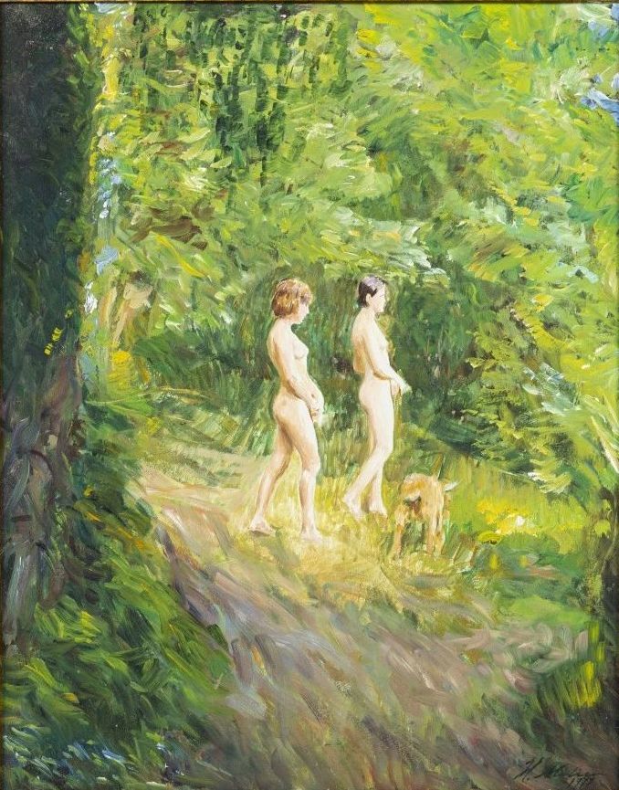 A painting of two nude female figures walking in a wooded landscape. There is some kind of four legged animal beside them, perhaps a dog. The painting is done in a very impressionist manner.