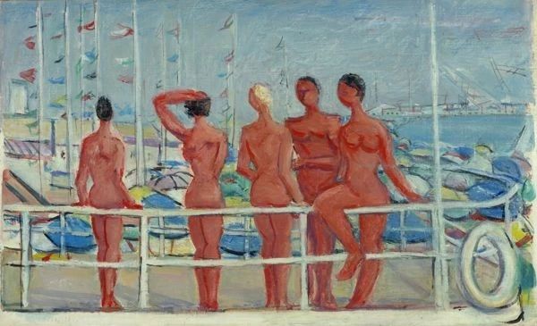 A painting of five nude figures, perhaps all females, standing behind a railing on either a pier or a boat. A harbor with boats and flags is in the background.