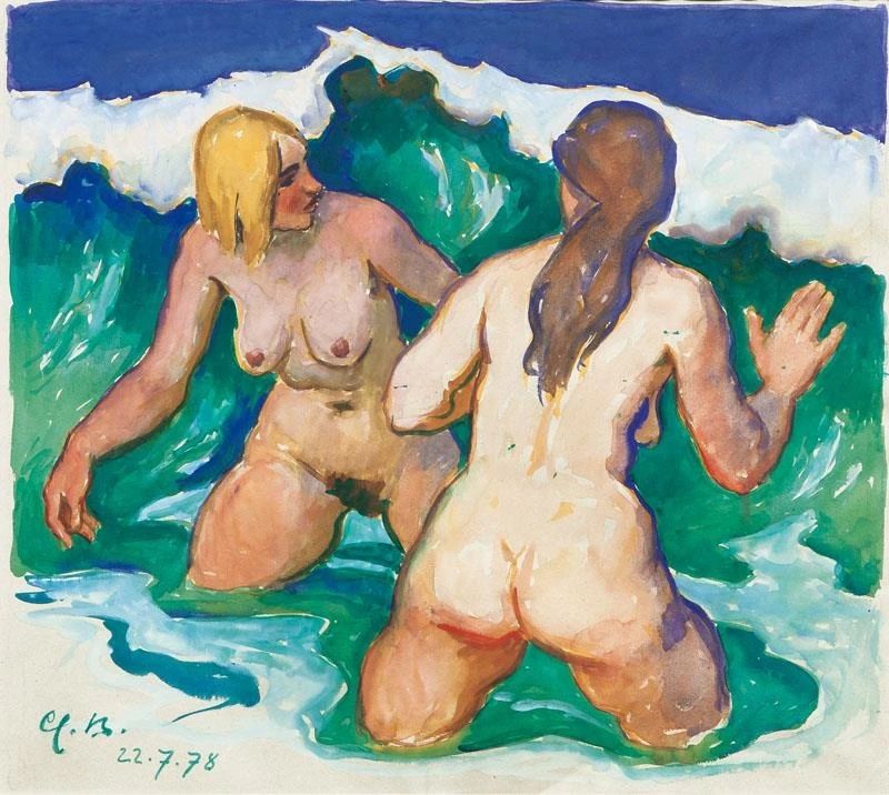 A painting of two nude female figures playing in the surf. The figure at the left has short blonde hair. She faces the viewer. The figure to the right has longer brunette hair. She faces away from the viewer. A green wave is just about to break on them.