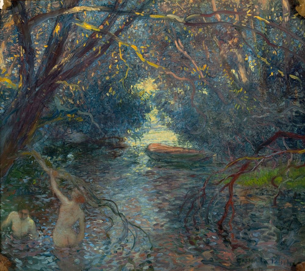 A painting of two nude women bathing in a shady natural pool. The women are in the lower left corner of this almost square canvas. There are many gnarly tree branches overhanging the scene, some of the branches at the top of the painting are glowing where the sun hits them. The shady waters under the trees, rendered in blues and purples, flows out to an open area visible as a little triangle of brightness in the center of the painting. There is a small boat moored where the water transitions from shade to sun.