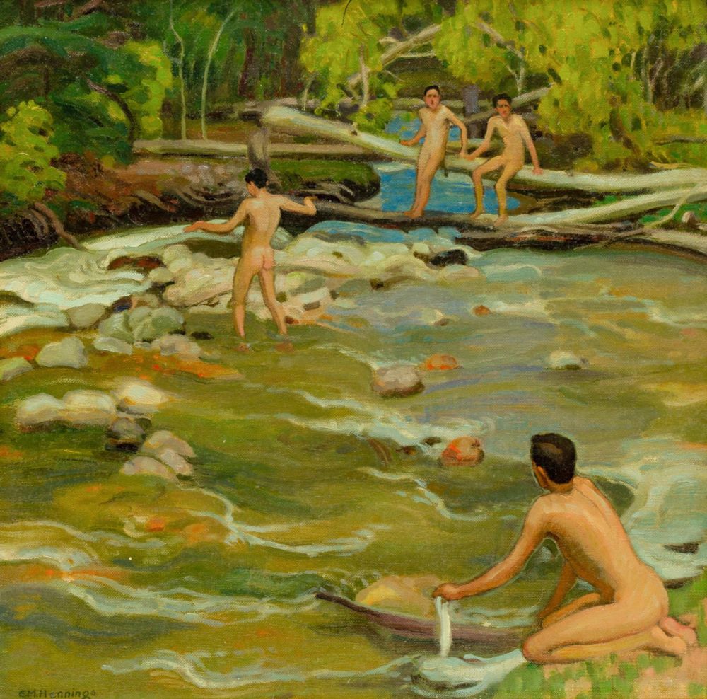 A square painting of four nude male youths bathing in s forest stream.