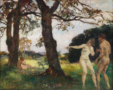 A painting featuring four nude figures, two female and two male. In the foreground, to the right side of the painting, is a m/f couple who are looking and pointing at another m/f couple sitting a bit farther away under a tree. The landscape is a field of grass with some trees.
