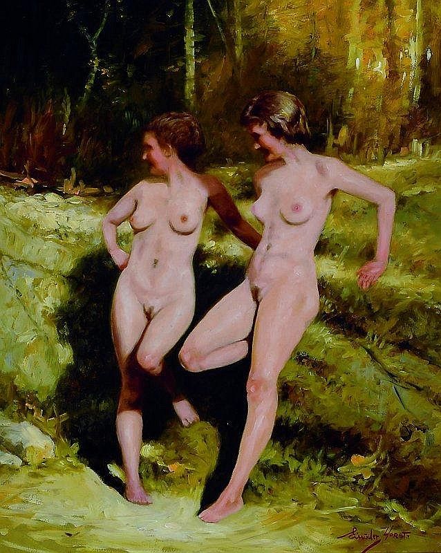 A painting of two nude female figures in a forest. They are both leaning back against what may be a fallen tree trunk that is covered with moss.