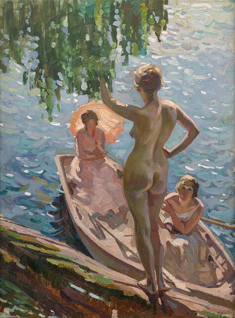 A painting of three women, one nude standing with her back to us an an embankment, and two in a rowboat looking up at the nude woman. One of the women in the boat holds a pink parasol. This scene is on an island in the Karamea River, on the West Coast where Evelyn Page went on holiday with friends during the summer of 1929/1930. The model for the painting banned it from being displayed during her lifetime, so it has been able to be exhibited only since 1978. Page has used an Impressionist style and, apart from the dominant figure, the main focus is on the effects of light in the outdoors environment, with strong highlights on the heads and shoulders of two of the figures and reflections on the surface of the water.