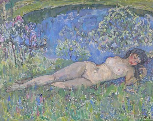 A painting of a nude female figure lying in a field of grass with purple flowers. A small body of water is in the background.