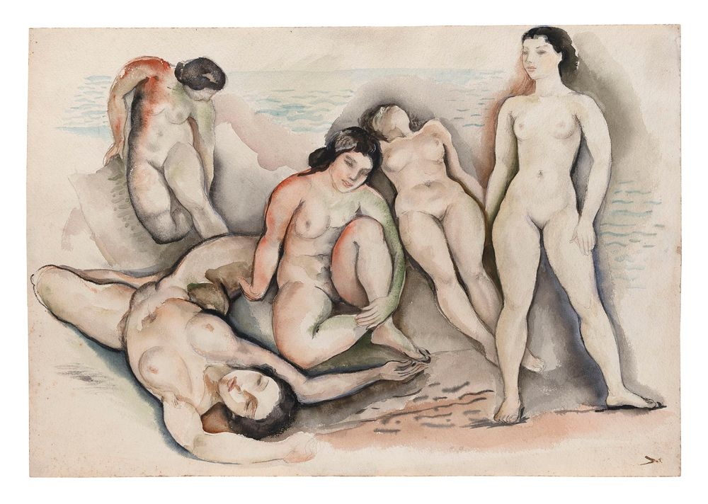 A painting of five nude female figures grouped together. There is just a suggestion that they are sitting or lying on blankets on a beach with a few brushstrokes to suggest water in the background. The artist has taken some license with perspective.