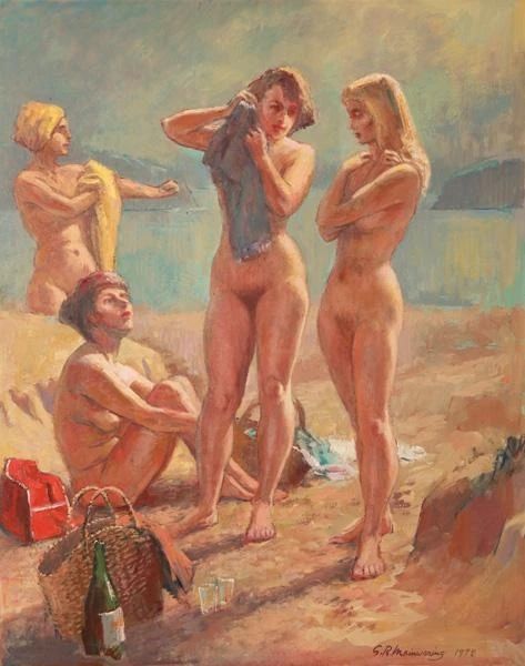 A painting of four nude female figures on a beach. Three are standing and one is sitting. They have a bastket that might contain a picnic with a bottle of wine and glasses next to it.
