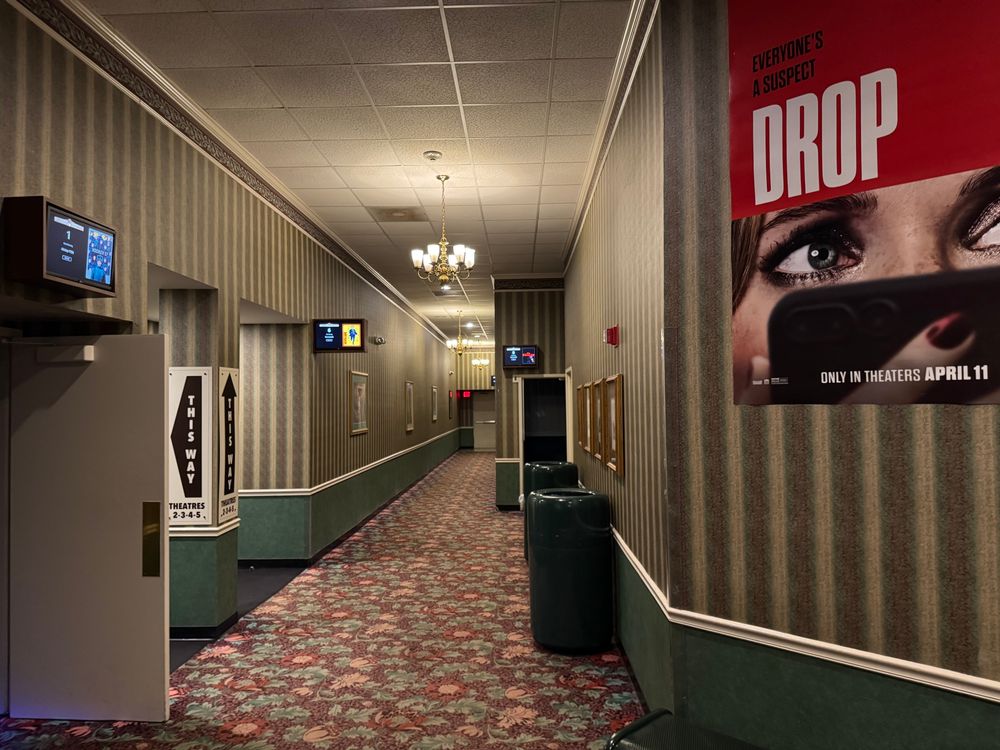 Hallway at Classic Cinemas Fox Lake with a poster for DROP