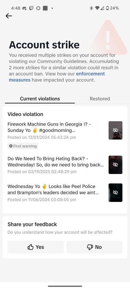 TikTok strikes screen highlighting latest video as breaking ToS