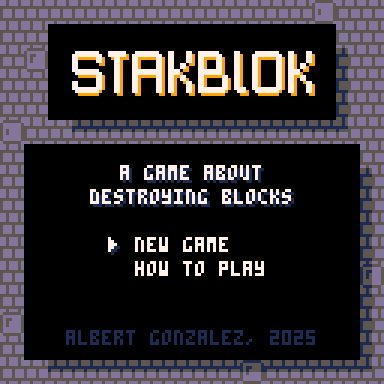 Captura de pantalla de la pantalla de inicio de Stakblok, un juego de destruir bloques. En la pantalla hay un menú de inicio con un cursor
