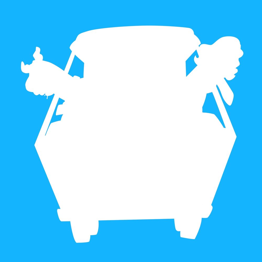 A silhueta branca de Scooby-Doo e sua turma dentro da van Máquina de Mistério num fundo azul