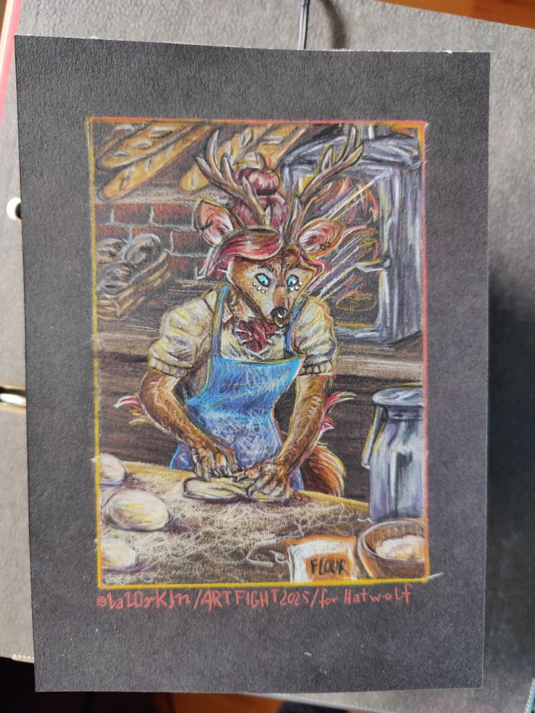 A photograph of a coloured pencil drawing of Lyska, a beast folk woman. She's standing at a table, kneading dough into loafs of bread. She had reddish brown hair, brown fur and blue eyes with antlers crowning her head. She's wearing a flaxen shirt and a blue apron.