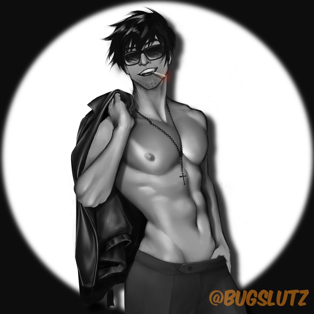 Shirtless wolfwood slinging a leather jacket over his shoulder standing in a spotlight