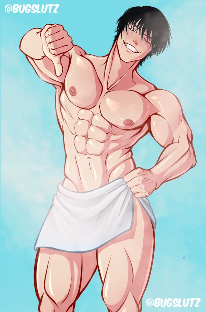 A sweaty, shiny Toji fushiguro wrapped in a skimpy towel in a steamy room