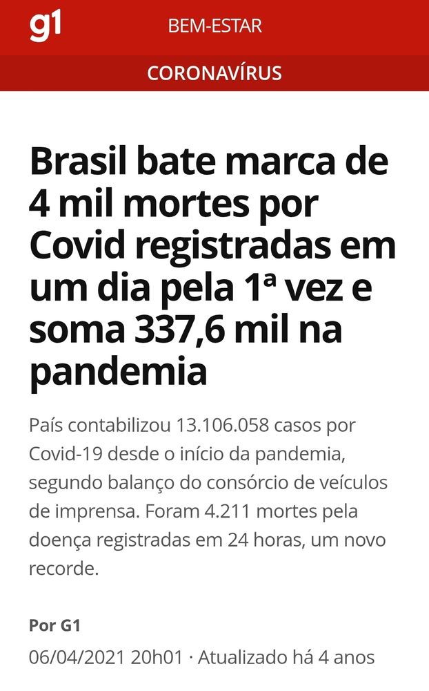 A imagem exibe uma notícia do portal G1, com o título "Brasil bate marca de 4 mil mortes por Covid registradas em um dia pela 1ª vez e soma 337,6 mil na pandemia". A matéria informa que o país contabilizou 13.106.058 casos de Covid-19 desde o início da pandemia, com 4.211 mortes registradas em 24 horas, um novo recorde. A notícia foi publicada em 06/04/2021, às 20h01.