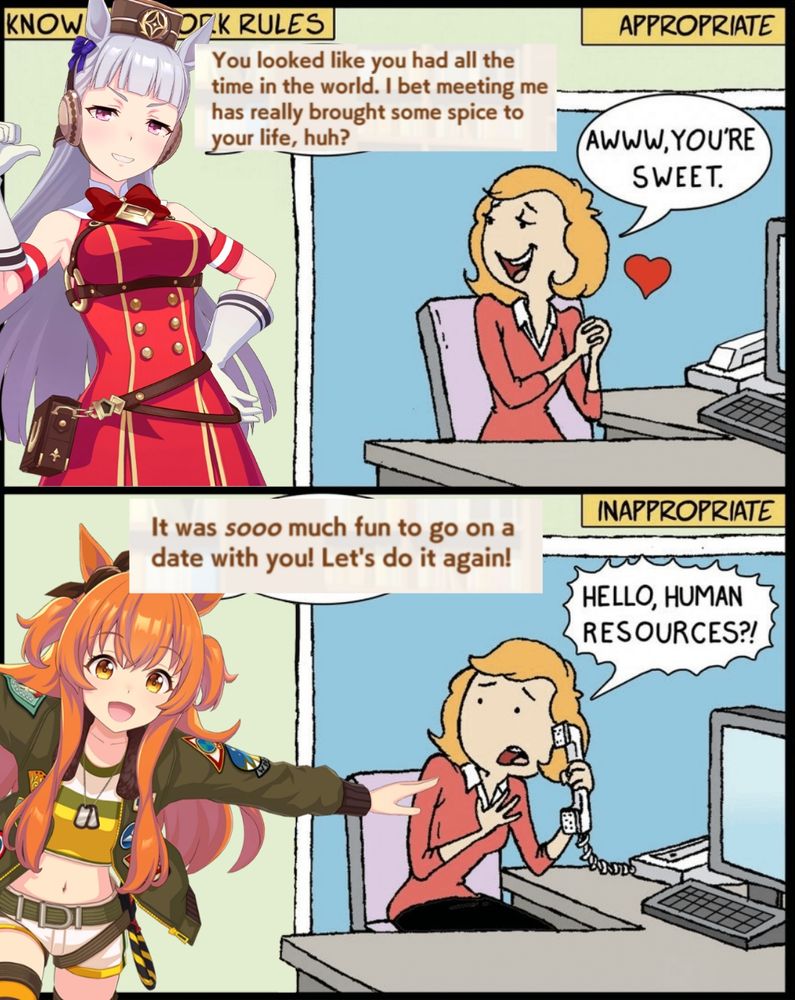 "hello human resources" meme of horsegirls goldship and mayano topgun from uma musume