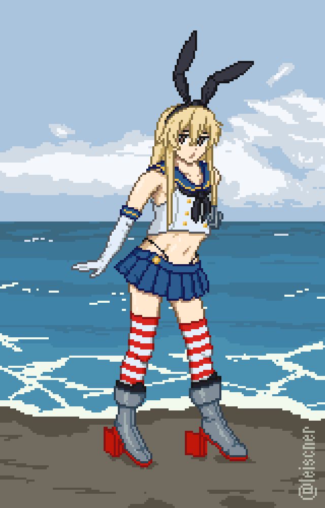 Shimakaze from Kancolle standing on da shore and its pixel art 
