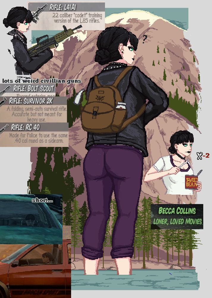 Doodle of Becca Collins from State of Decay 1 enjoying the lake plus random other doodles around the image