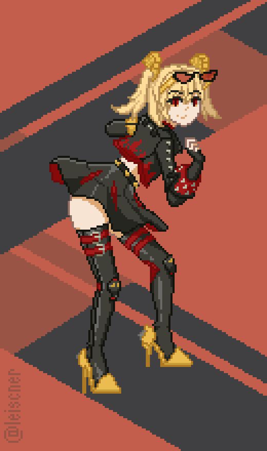 Pixel art of Burnice White from Zenless Zone Zero game doing the one dance in her promo video.