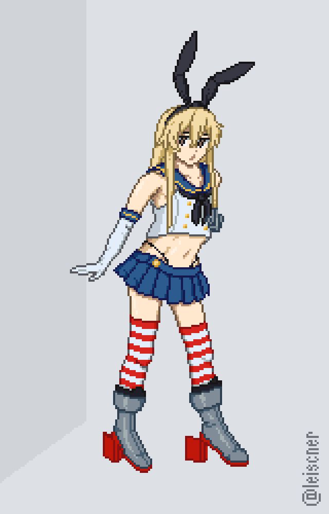 Shimakaze from Kancolle standing on da blank background and its pixel art 