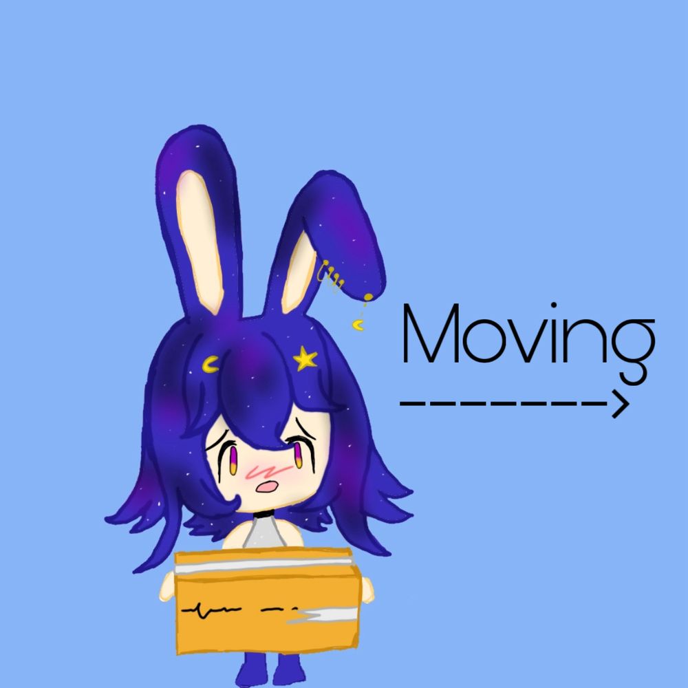 My Vtuber Persona holding a moving box. She is a Star bunny with the color theme blue, black and purple.