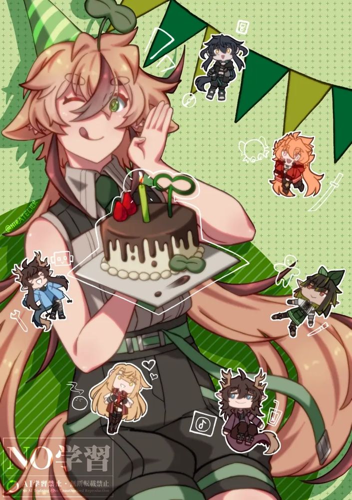 Illustration of HIR holding a birthday cake while winking, wearing a green party hat. There are floating chibi characters clockwise: Iori Takamine, Ruairi Cromwell, Ossia Belvedere, Fuwa Mario, Riyo Yarimizu, and Fuwa Maria. The background consists of multicoloured green party flags and a light green background and a dark green striped circle on the bottom left.