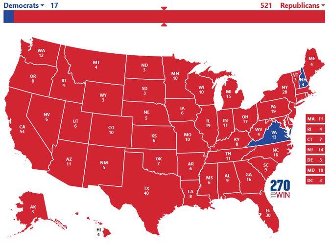 An electoral map of the United States showing the 2024 election results with signatory states of the National Popular Vote Interstate Compact reflecting the winner of the national popular vote.  Every state except New Hampshire and Virginia are given to Donald Trump, resulting in about 521 electoral votes.