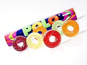 Polo Fruits packet with 6 of the sweets in front 