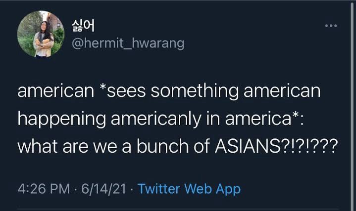 Tweet from @hermit_hwarang :
american *sees something american happening americanly in america*: what are we a bunch of ASIANS?!?!???
