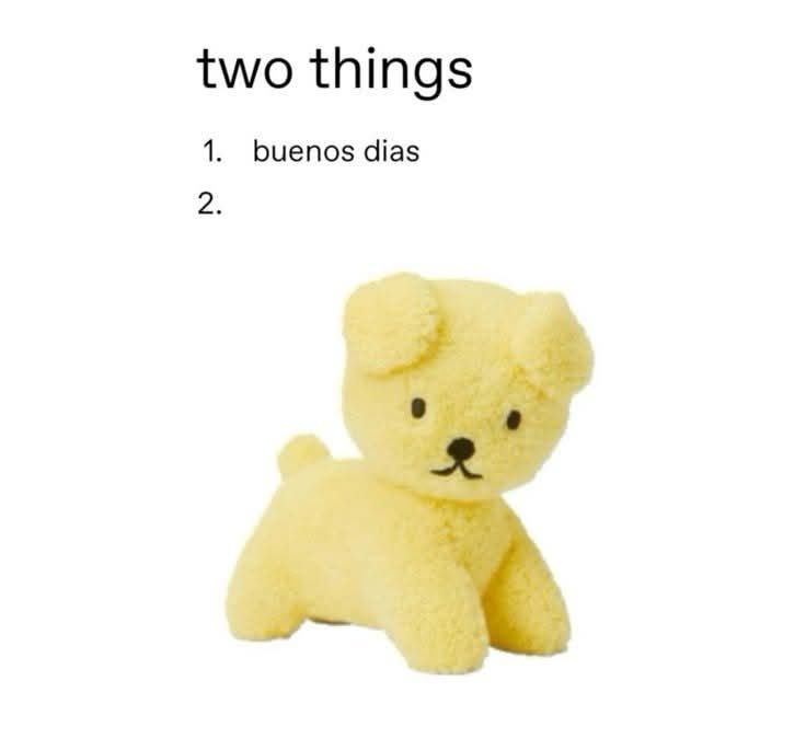 picture of a cute yellow puppy plush with black text over white background that reads

Two things
1. Buenos Dias
2.