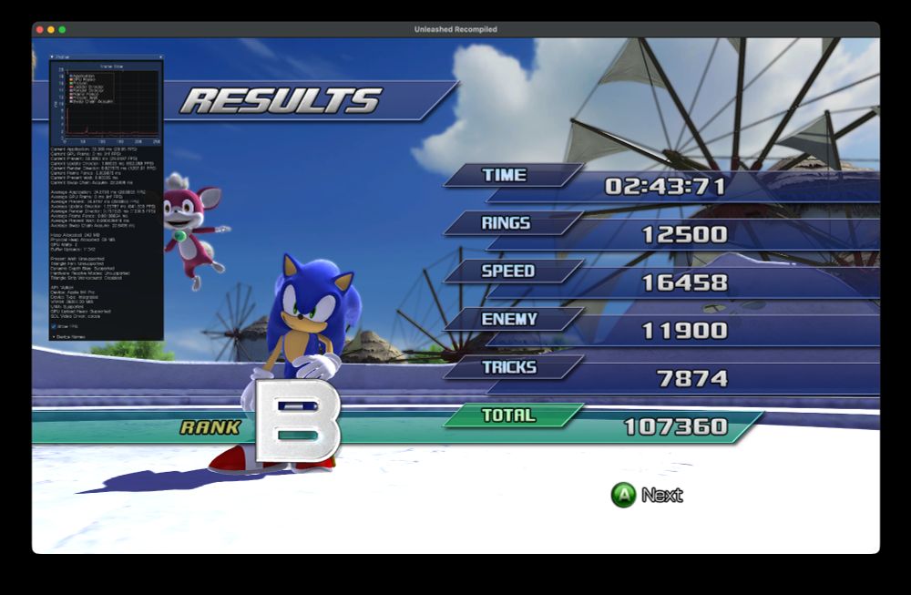 Unleased Recompiled running on an M4 Pro MacBook Pro under Vulkan under Mesa's KosmicKrisp (with patch for BCn textures).