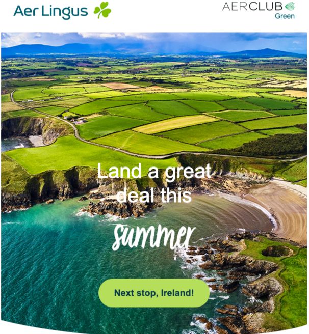 A screenshot of an internet advert, with the Aer Lingus logo in the corner and the text 'Land a great deal this summer. Next stop, Ireland! The image is of a coastline with cliffs and a beach and behind it as far as the eye can see little patches of uniform green fields