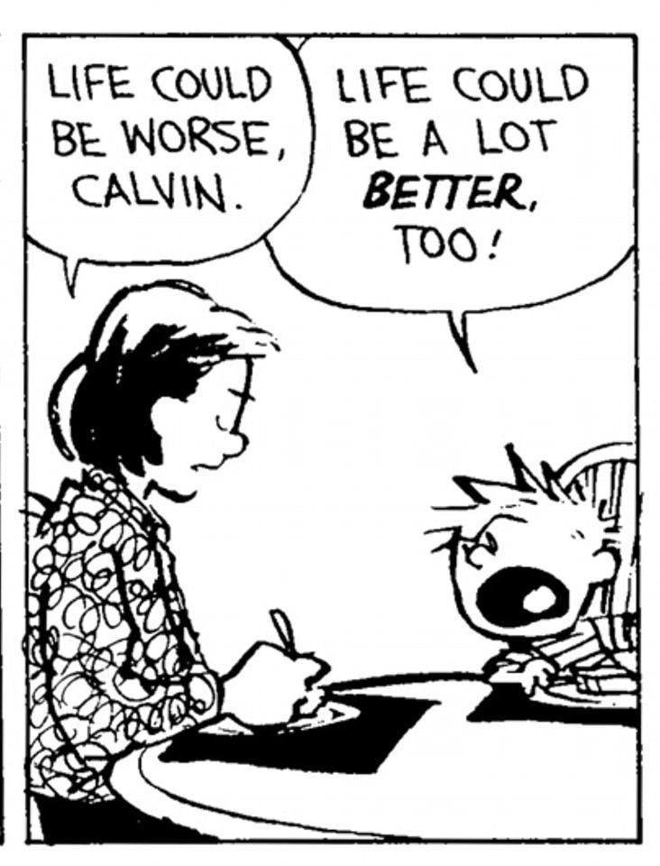 A Calvin and Hobbs comic. Calvin's mum says 'Life could be worse, Calvin'' and he shouts 'Life could be a lot better too'