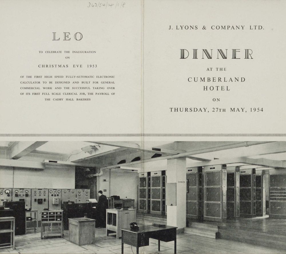 Menu for dinner held in 1954 to celebrate the inauguration of LEO by J. Lyons & Co. Ltd. on Christmas Eve 1953.