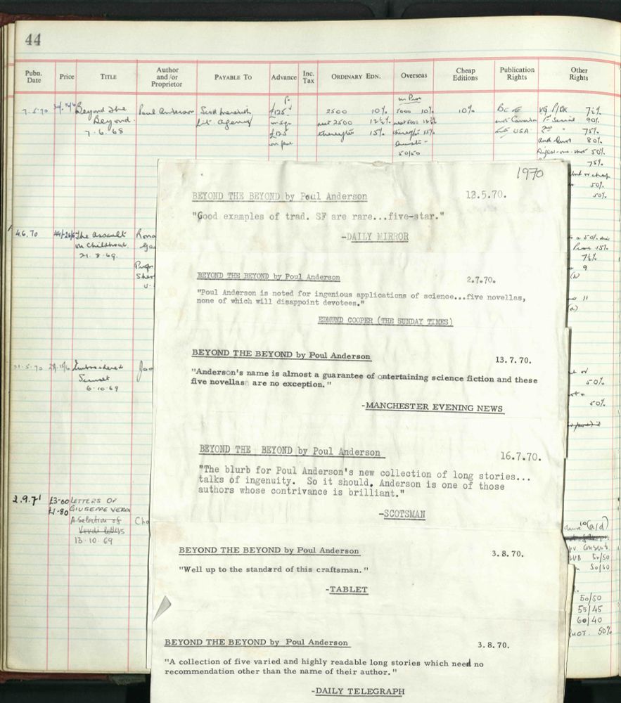 Image showing one of the Gollancz contract ledgers, 1970-1971, with a sheet of quotes from press coverage of the book 'Beyond the Beyond', published in 1970.