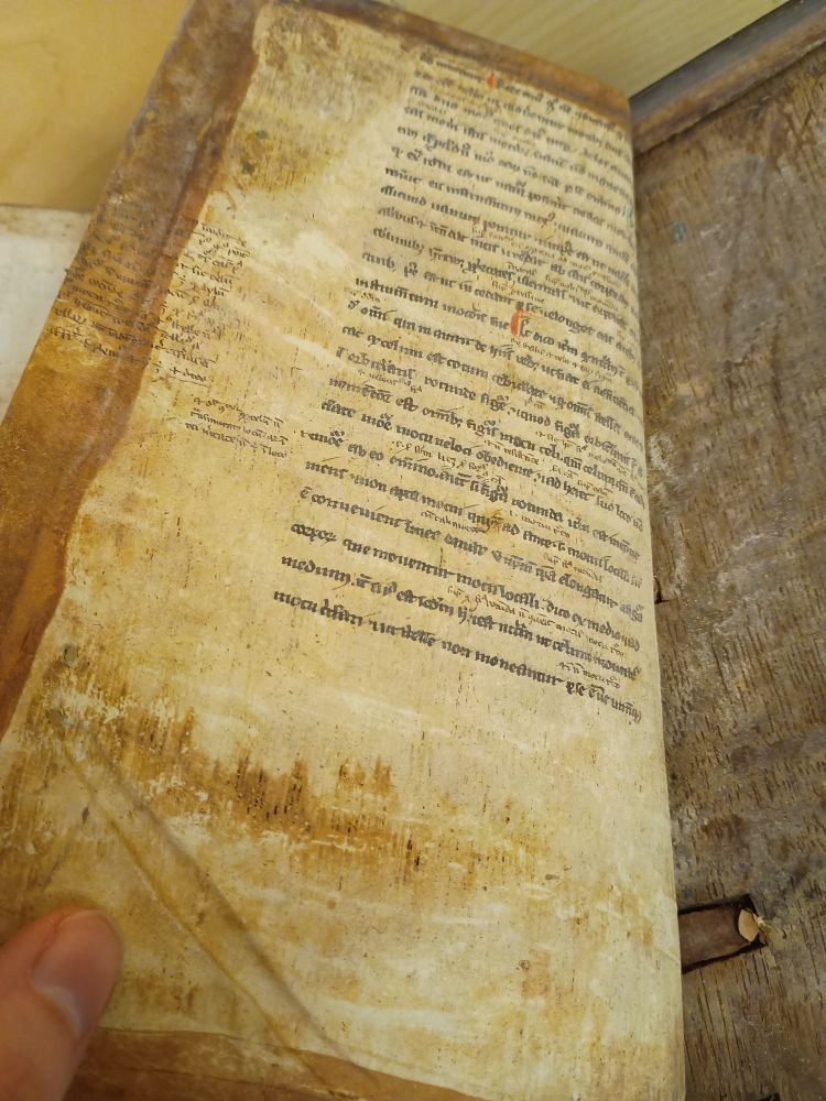 The other side of the page of Latin, also annotated in tiny handwriting, discoloured around the edges by the glue that was used to stick it to the wooden board used for binding.