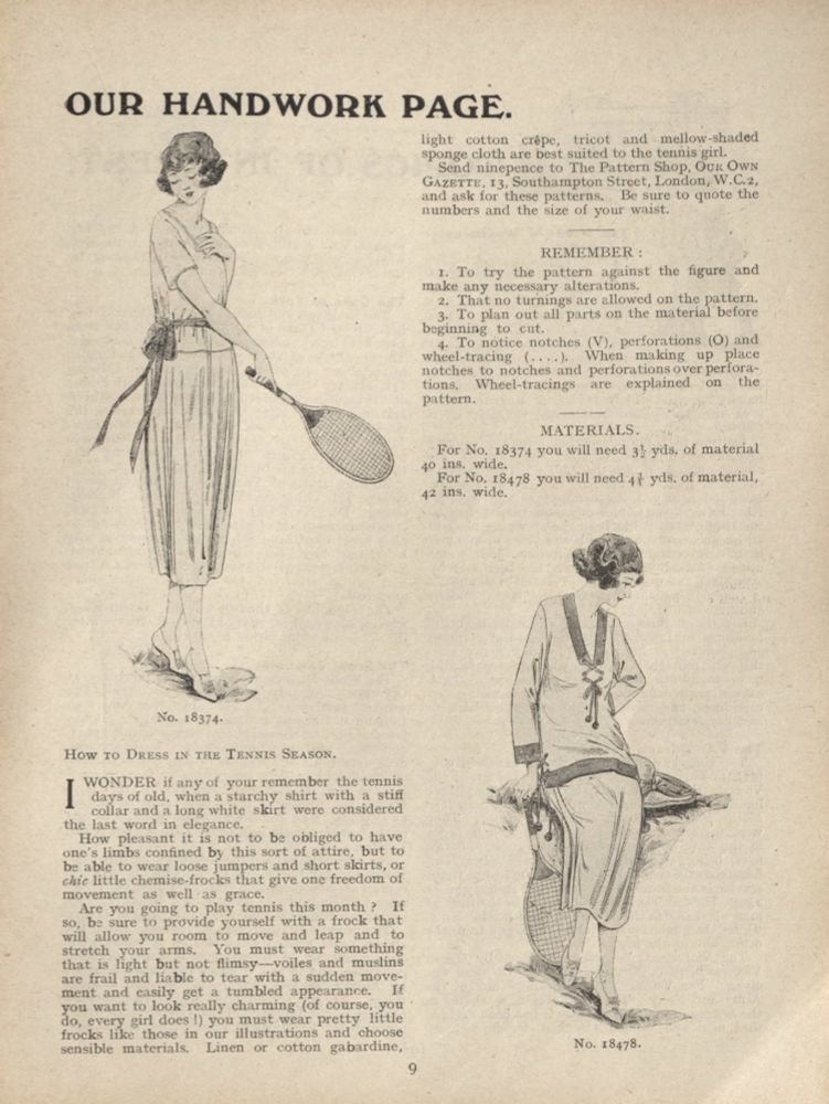 Drawings of women modelling tennis outfits from 1920. Article includes instructions on how to make your own tennis dress. From the Young Women's Christian Association archive.