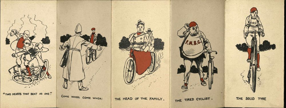 Cartoons of different types of cyclists. Captions: "Two hearts beat as one"; 'Come wheel come whoa!'; 'The head of the family'; 'The tired cyclist' and 'The solid tyre'.