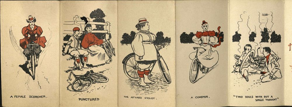 Cartoons showing different types of cyclists. Captions: 'A female scorcher'; 'Punctured'; 'The at'tired cyclist'; 'A coaster'; "Two souls with but a single thought'.
