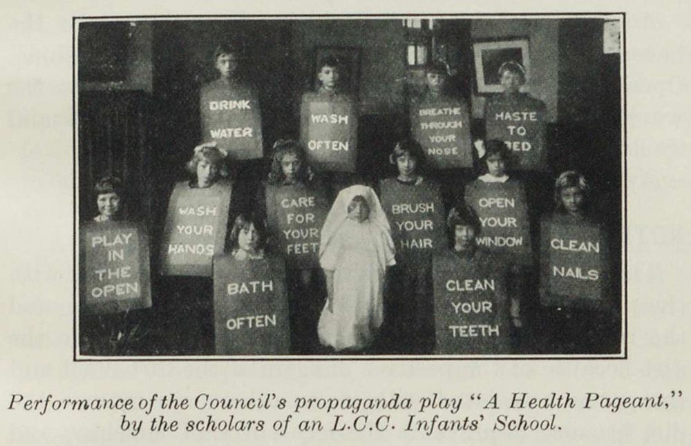 Photograph of 13 small children captioned 'Performance of the Council's propaganda play "A Health Pageant," by the scholars of an L.C.C. Infants' School'. One child is dressed as a possible nurse. The rest are wearing placards containing a range of public health messages including 'Play in the open', 'Bath often', 'Clean your teeth', 'Haste to bed' and 'Drink water'. Only one of them ('Play in the Open') looks particularly happy about the situation. The image is from 'Health and cleanliness : a text book for teachers', published by the Health and Cleanliness Council in 1938.