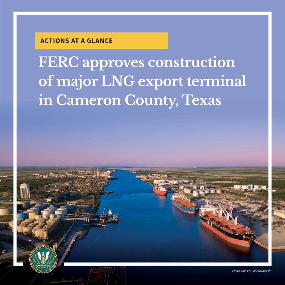 Actions at a Glance
FERC approves construction of major LNG export terminal in Cameron County, Texas
Photo of Brownsville Port with ships docked
FERC seal